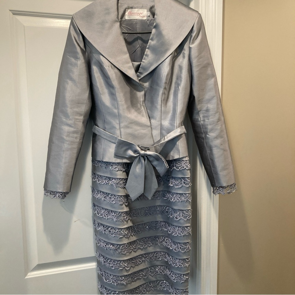 Montage by Mon Cheri Silver Gray Lace-Trim Midi Dress with Jacket